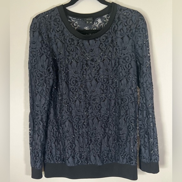 Theory navy blue lace top black trim sz L long slv party mobwife contemporary - Picture 1 of 5